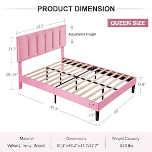 Upholstered Bedframe, Pink Metal Frame Queen Platform Bed with Adjustable Headboard, Wood Slat, No Box Spring Needed
