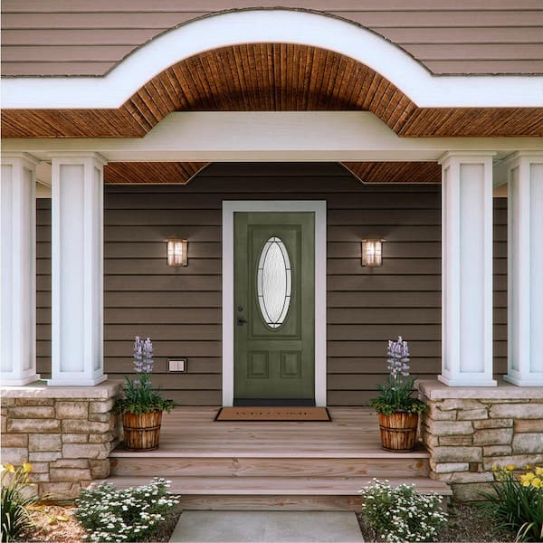 36 in. x 80 in. 3/4 Oval Lite Wendover Juniper Stained Fiberglass Prehung Right-Hand Inswing Front Door