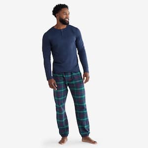 Navy Blue & Green Plaid Flannel Adult Mens Footed Pajamas w/ Rear