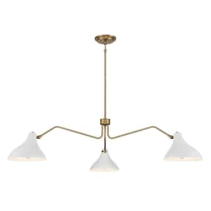 48 in. W x 11.5 in. H 3-Light White and Natural Brass Branch Pendant Light with White Metal Shade