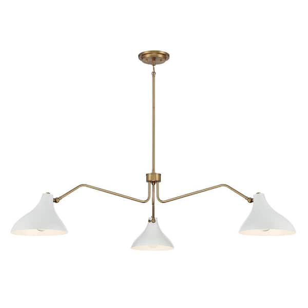 TUXEDO PARK LIGHTING 48 in. W x 11.5 in. H 3-Light White and Natural Brass Branch Pendant Light with White Metal Shade