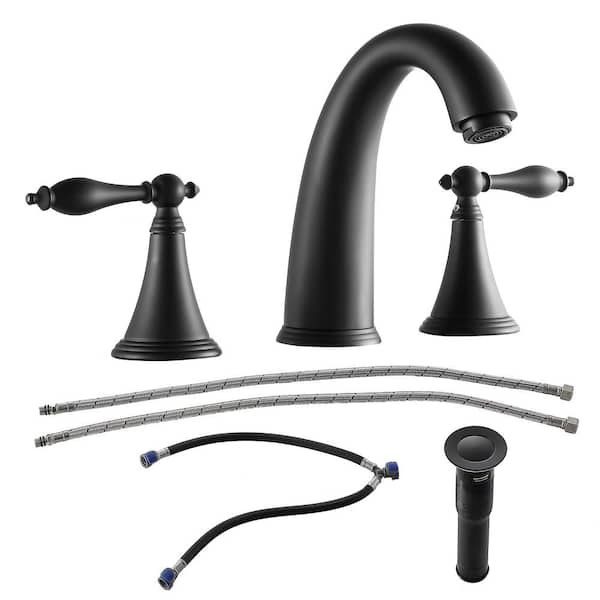 8 in. Widespread Double Handle Bathroom Faucet 1.75 GPM with Pop Up Drain and 2-Water Supply Lines in Matte Black