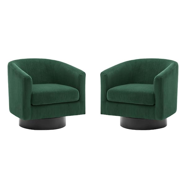 Uixe Modern Dark Green Corduroy Fabric Upholstered 360°Swivel Accent Arm Chair With Wood Base(Set of 2)