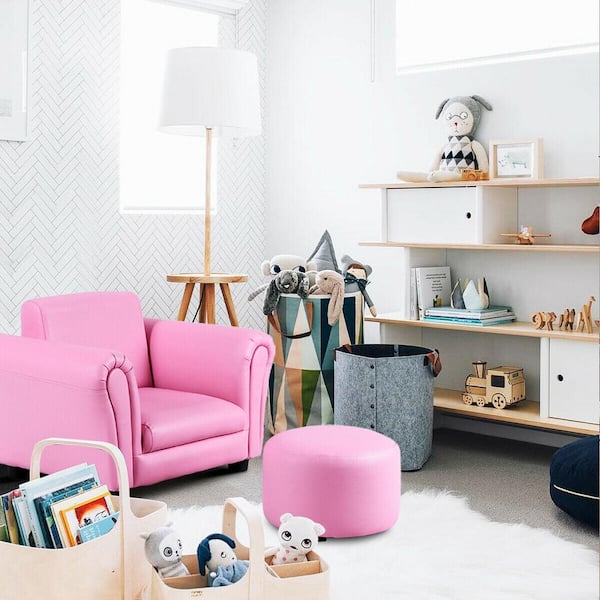 Pink Faux Leather Upholstery Kids Arm Chair Kids Sofa with Ottoman