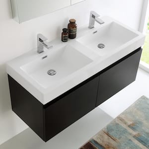 Mezzo 48 in. Vanity in Black with Acrylic Vanity Top in White with White Basins and Mirrored Medicine Cabinet