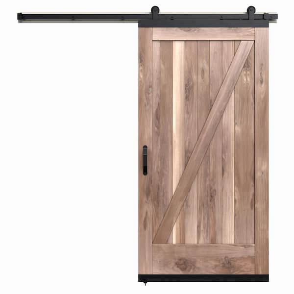 JELD-WEN 36 in. x 80 in. Karona Z Design Unfinished Rustic Walnut Wood Sliding Barn Door with Hardware Kit