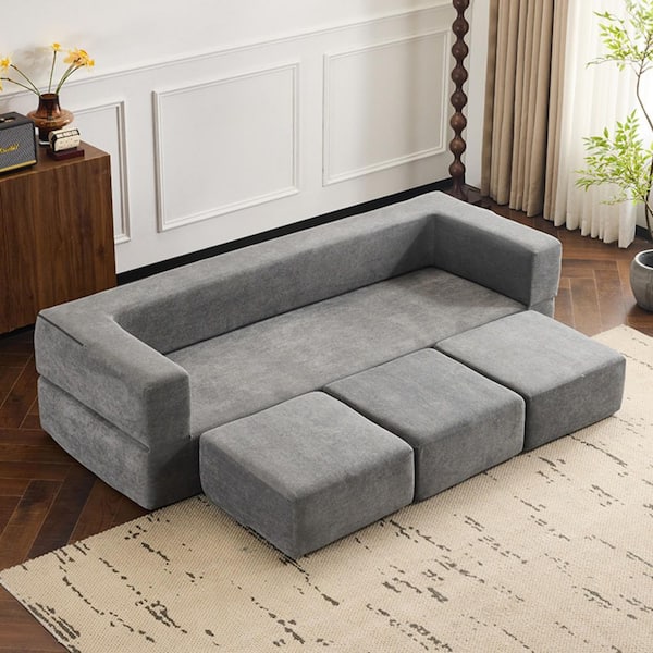 Modern 79.14 in. Light Grey Chenille Full Size High-Resilience Foam Sleeper Sofa Bed with 3-Ottomans