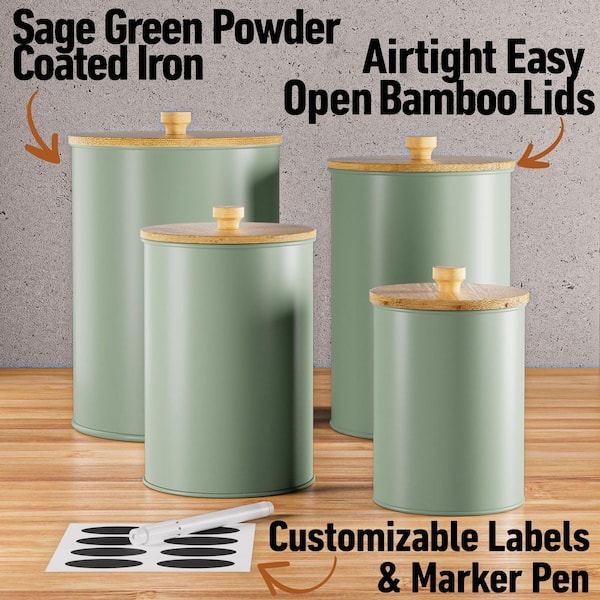 Wudkey 4-Piece Green Iron Kitchen Canisters for Countertop with