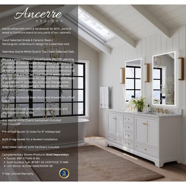 Audrey 72 in. W x 22 in. D Bath Vanity in White with Marble Vanity Top in White with White Basins