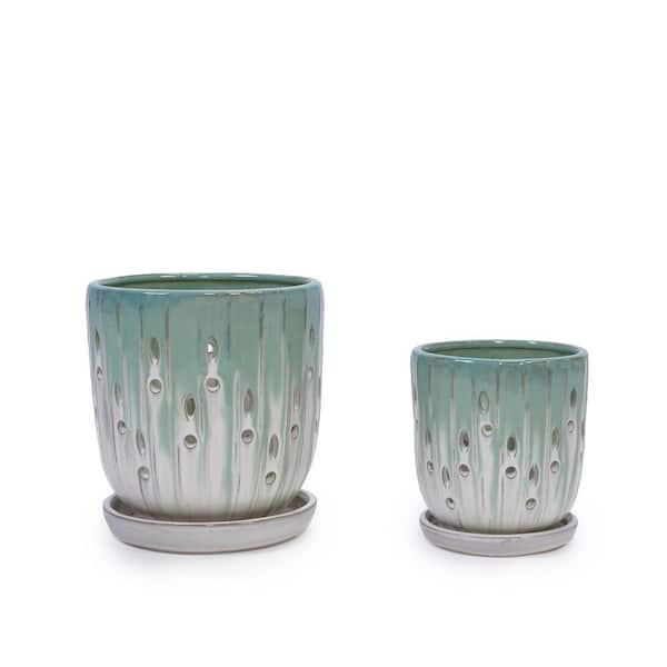 Set of 2 Green and White Ceramic Planters with Drainage Trays-8 in. and 6 in. Modern Glazed Indoor/Outdoor Pots