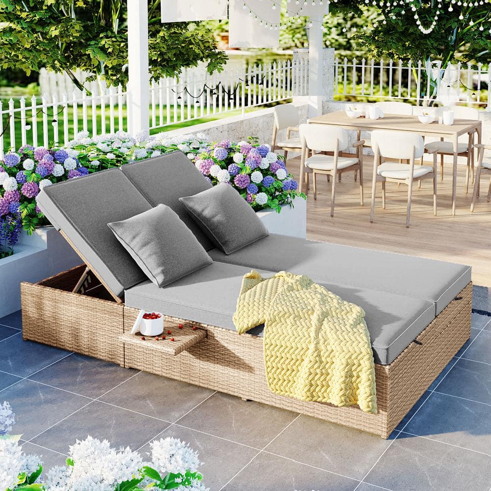 Brown Wicker Outdoor Patio Day Bed with Gray Cushions, Adjustable Backrest 