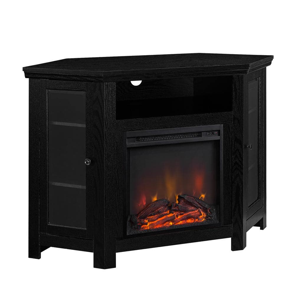 Black Corner TV Stand with Electric Fireplace and Cabinet