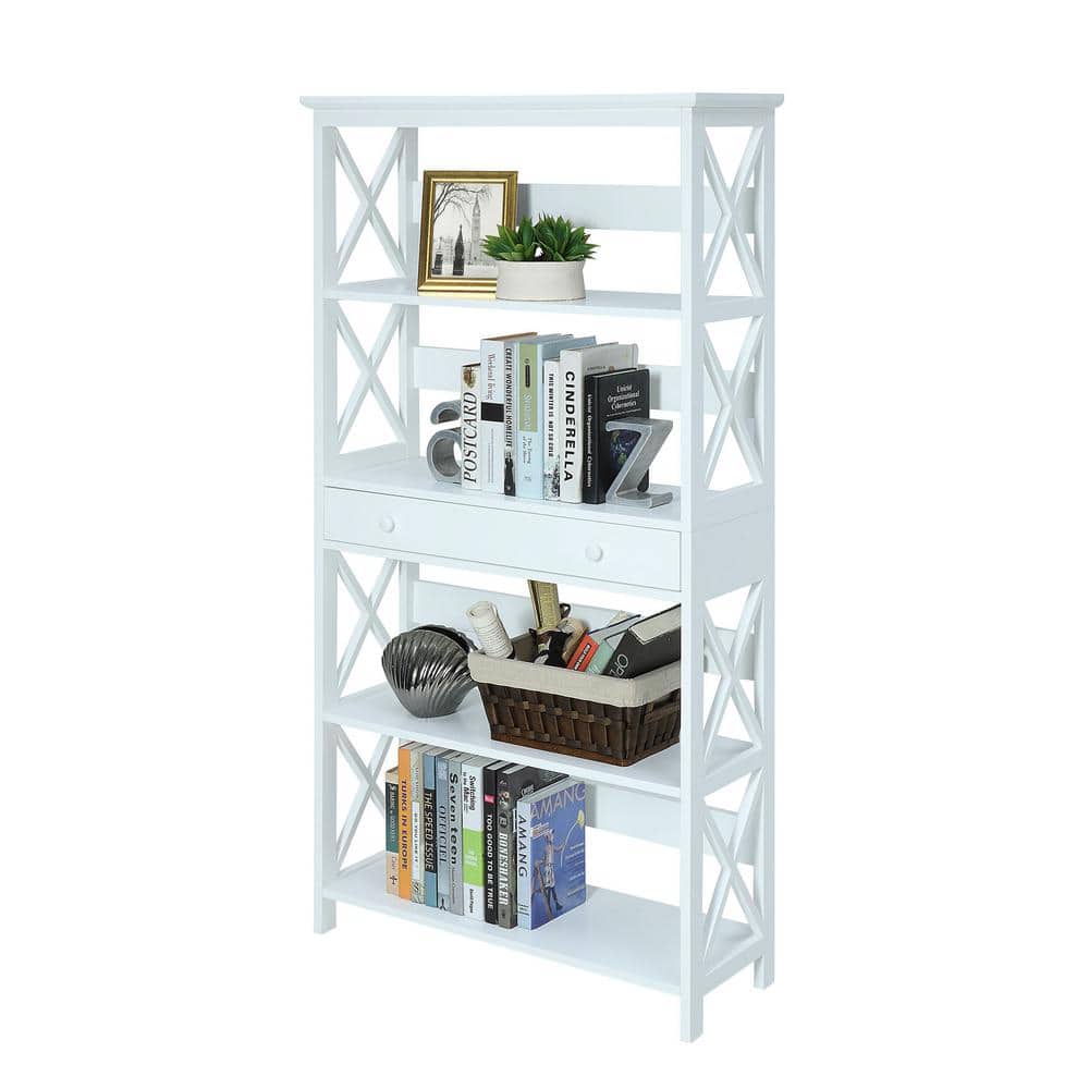 Oxford Elegance White Engineered Wood 5-Tier Bookcase with Drawer