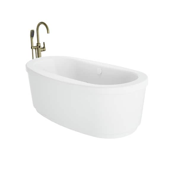 INIZIO 65.5 in. x 35.63 in. Whirlpool Bathtub with Center Drain in White with Round Tub Filler in Brushed Bronze