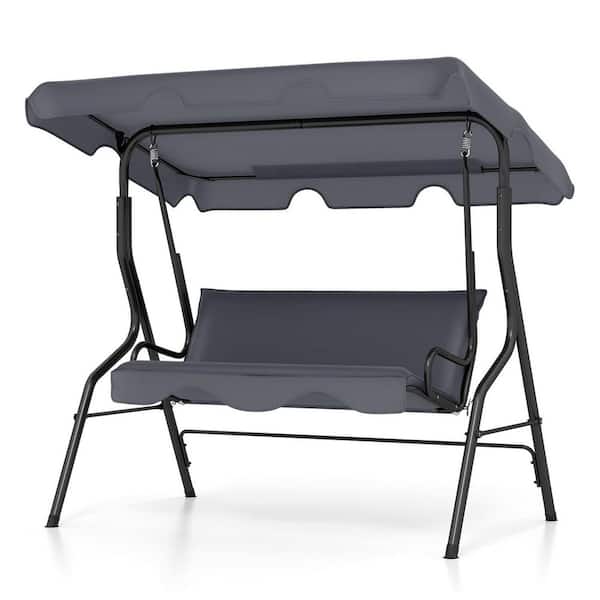 67.5 in. 3 Person Black Metal Porch Swing with Gray Seat Cushions