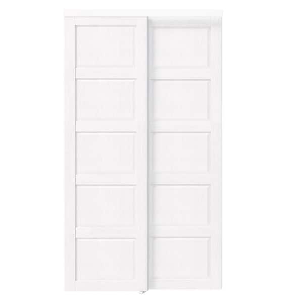 96 in. x 80 in. 5-Panel MDF Solid Core White PVC Covering Pre-Assembled Double Panel Sliding Door with All Hardware
