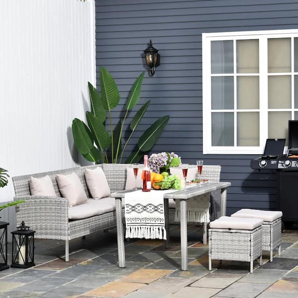 Outsunny 5-Piece Steel Plastic Rattan Patio Conversation Set with Beige Cushions, 2-Seat Sofas, 2 Footstools, and Long Table
