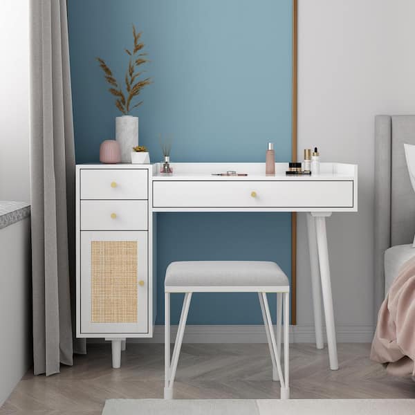 YOFE White Makeup Desk with 3-Drawer and 1-Door Vanity Table 41.73 in. x 19.09 in. x 31.89 in.