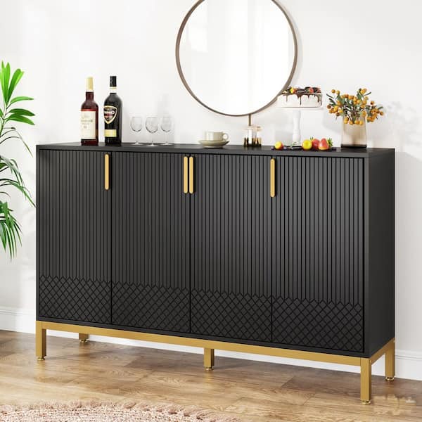 Ahlivia Black Particle Board 59 in. Buffet with Hinged Doors, Sideboard Cabinet with Storage Kitchen Home Dining Room