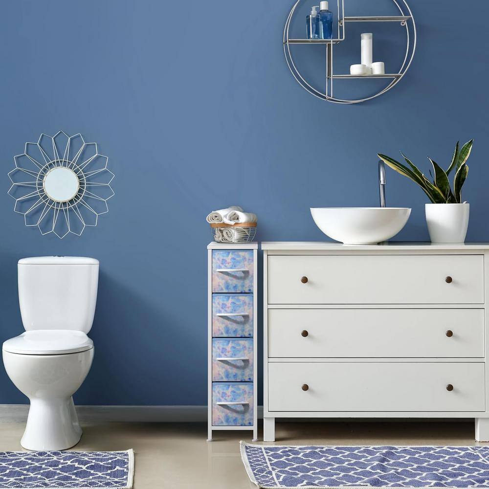 Narrow Blue and Tie-Dye Steel 4-Drawer Storage Tower
