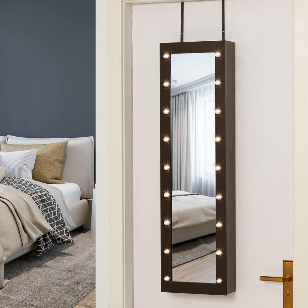 Dark Walnut MDF Glass Jewelry Cabinet Storage Organizer, with Mirror and 18