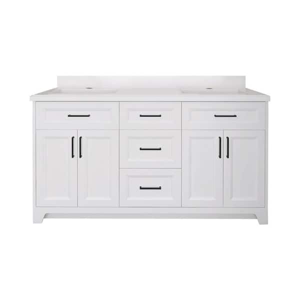 Zeus & Ruta 60 in. W x 21.5 in. D x 33.5 in. H Double Sink Bath Vanity in White with White Marble Top and 3 Dovetail Drawers