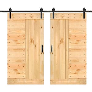 L Series 84 in. x 84 in. Unfinished Solid Wood Double Sliding Barn Door with Hardware Kit - Assembly Needed