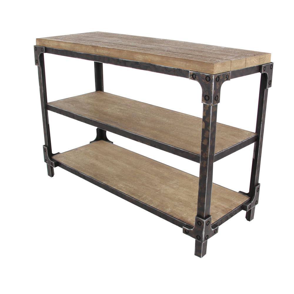 Brown Industrial Wood and Metal 3-Tier Console Table with Storage