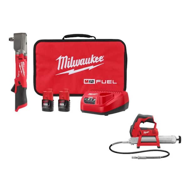 M12 FUEL 12V Lithium-Ion Brushless Cordless 1/2 in. Right Angle Impact Wrench Kit with Grease Gun