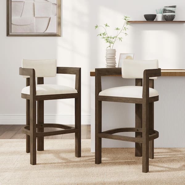 Corlas 30 in. Medieval Modern Upholstered Solid Wood Bar Stools with Footrest, Walnut plus Beige, (Set of 2)