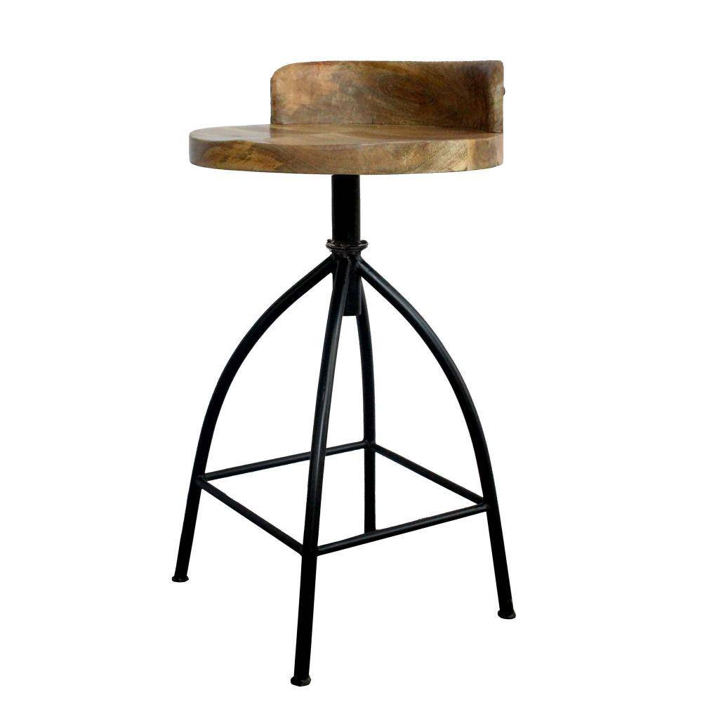 Adjustable Brown Mango Wood and Black Iron Swivel Bar Stool