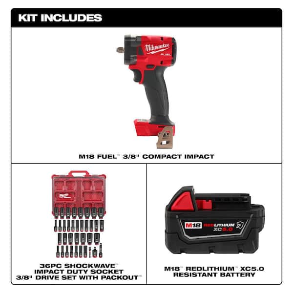 M18 FUEL GEN-3 18V 3/8 in. Impact Wrench w/5.0Ah Battery & SHOCKWAVE PACKOUT Sockets (36-Pc)
