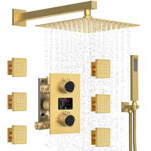 3-Spray Wall Mount Dual Shower Head Fixed and Handheld Shower Head with 6-Jets in Brushed Gold (Valve Included)