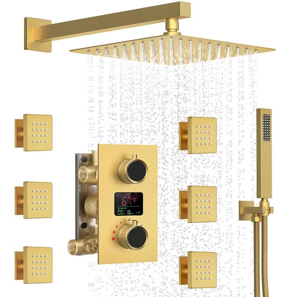 YAWWALK 3-Spray Wall Mount Dual Shower Head Fixed and Handheld Shower Head with 6-Jets in Brushed Gold (Valve Included)