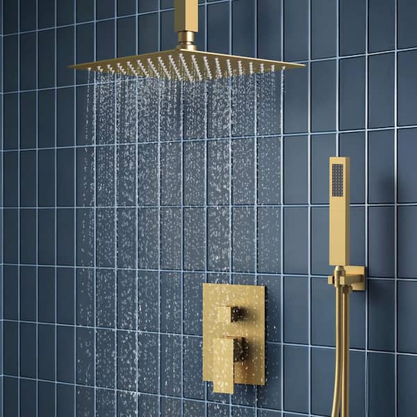 2-Spray 10 in. Square Ceiling Mount Dual and Handheld Shower Head 2.5 GPM in Brushed Gold (Valve Included)