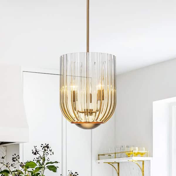 Vireo 11 in. 3-Light Modern Transitional Brass Island Pendant with Golden Gradient Flat Ribbed Glass Shade