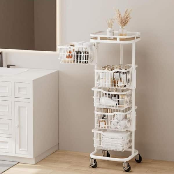 5-Shelf White Kitchen Pantry Organizer w/ Wheels and Rotating Basket for Snack Spice Onion Potato, Vianderos Para Cocina