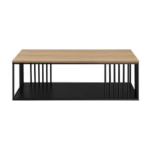 43 in. Coastal Oak/Black Metal and Rectangle Wood Industrial Coffee Table with Bar Details