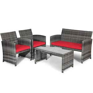 4-Pieces Patio Outdoor Rattan Conversation Furniture Set with Red Cushion
