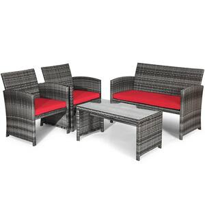 4-Pieces Patio Outdoor Rattan Conversation Furniture Set with Red Cushion