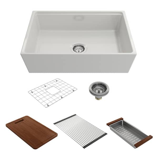 BOCCHI Contempo Workstation 27 in. Farmhouse Apron-Front Single Bowl White Fireclay Kitchen Sink with Accessories