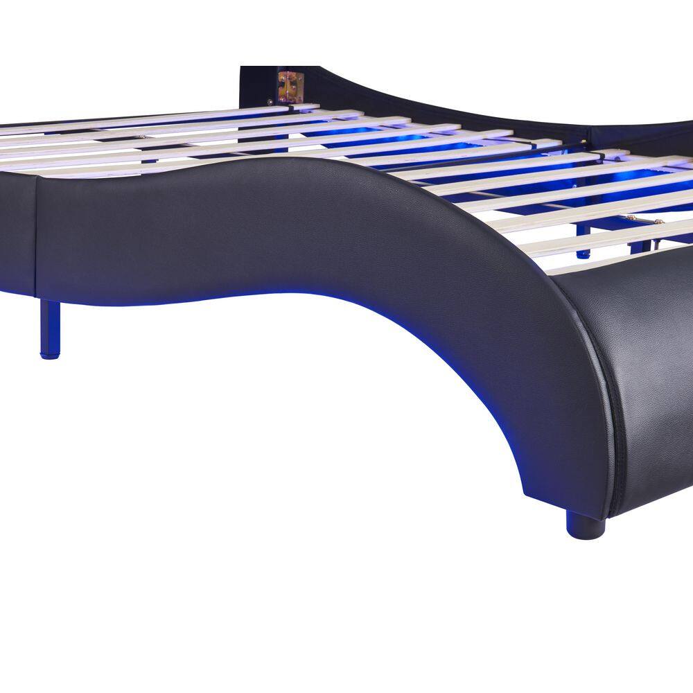 Black Faux Leather Upholstered Queen Platform Bed with LED Lights