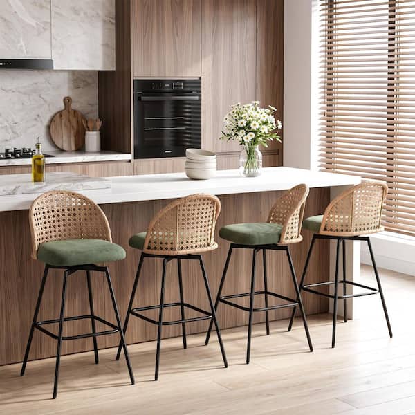 29.53 in. H Green Woven wicker Low Back Metal Swivel Bar Stool with Chenille Seat Cushion (Set of 4)