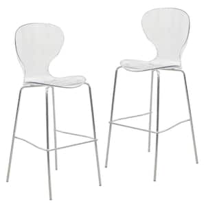 LeisureMod Oyster Mid Century Modern Acrylic Barstool with Steel Frame in Chrome Finish Set of 2, Clear