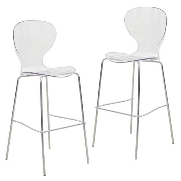 Leisuremod LeisureMod Oyster Mid Century Modern Acrylic Barstool with Steel Frame in Chrome Finish Set of 2, Clear