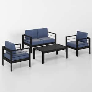 4-Piece Aluminum Patio Conversation Set with Blue Cushions