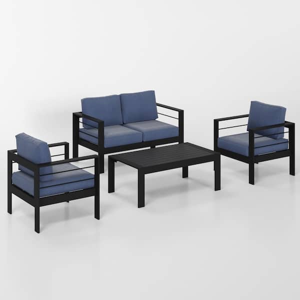 SUNVIVI 4-Piece Aluminum Patio Conversation Set with Blue Cushions