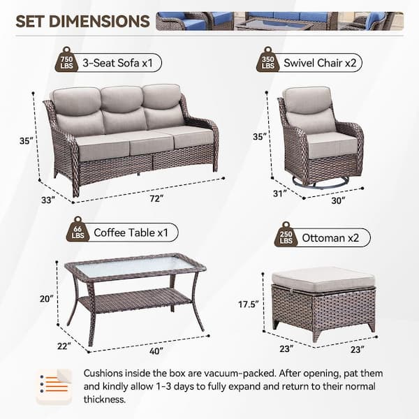 Crescent Brown Swivel Glider Wicker Patio Conversation Set with Beige Olefin 6 in. Thick Cushions/Couch (6-Piece)