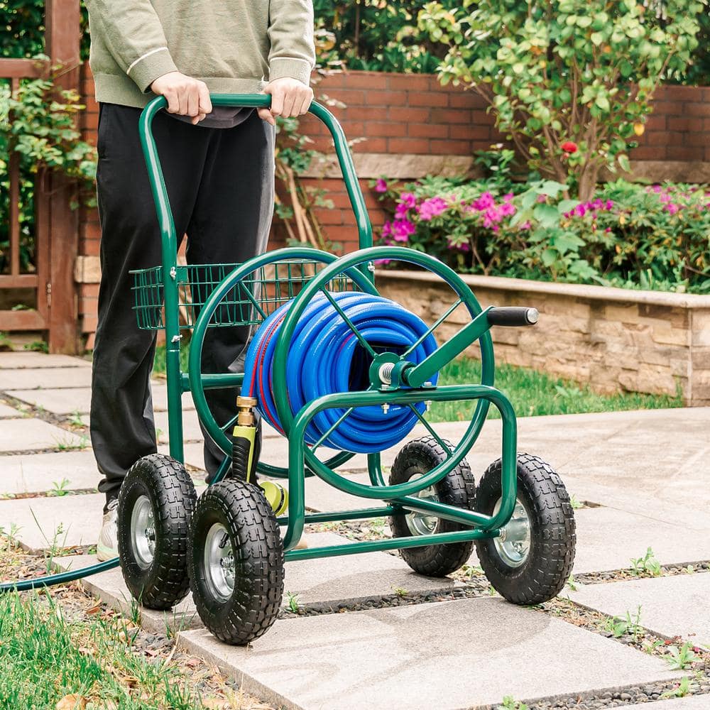 Green Steel 4-Wheel Garden Hose Reel Cart with Climate Resistant Finish