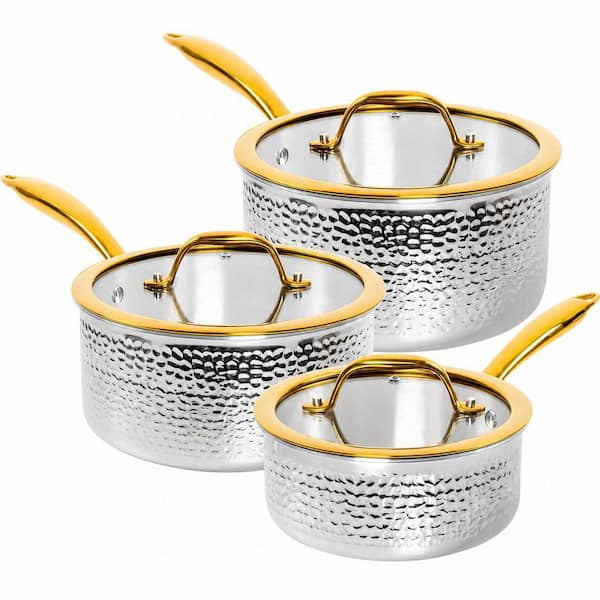 3-Piece Hammered Triply 18/10 Stainless Steel Induction Compatible Saucepan Set with Lids & Gold Handles
